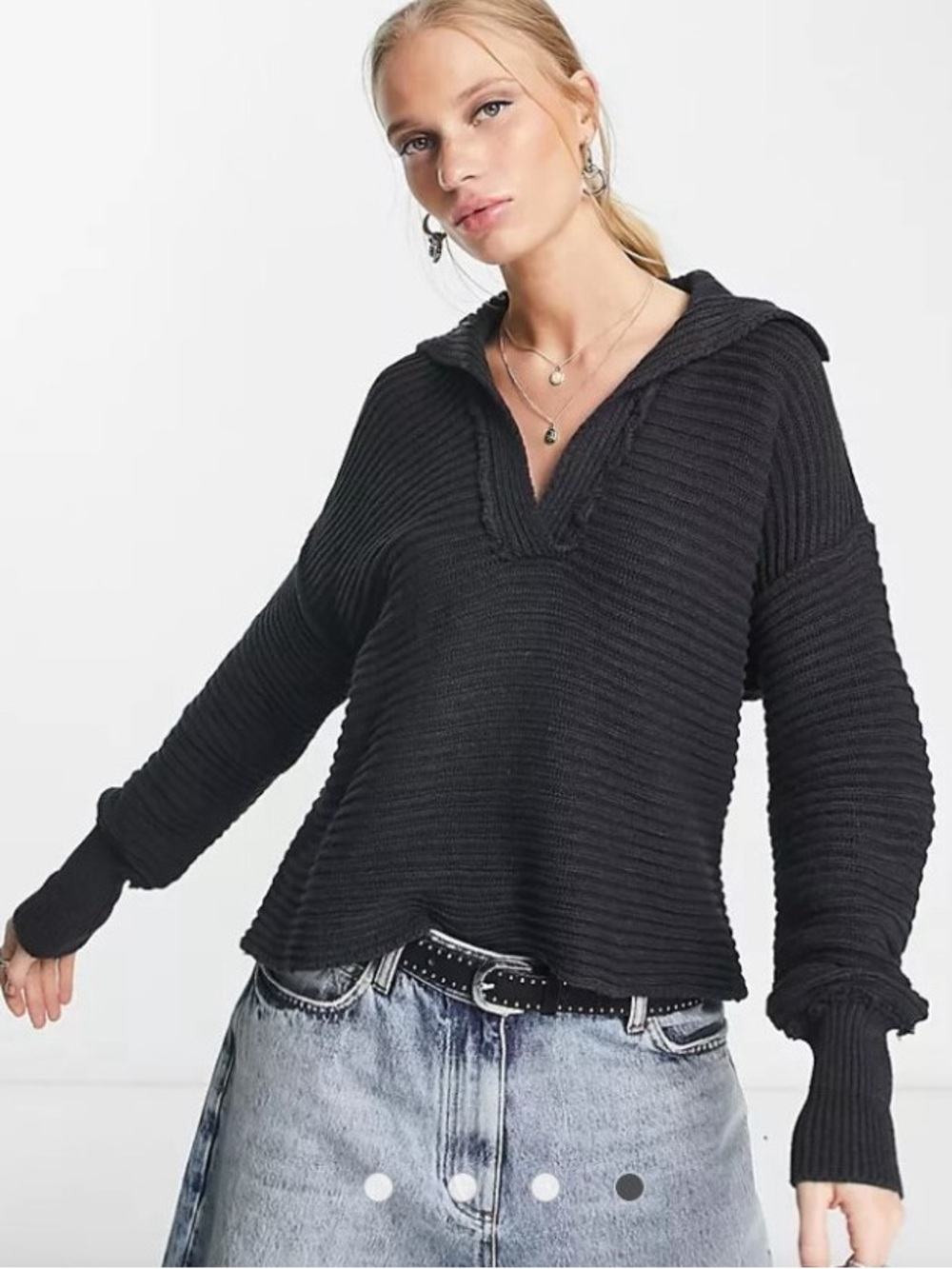 Free People Marlie Chunky Knit Polo Pullover Sweater Medium
